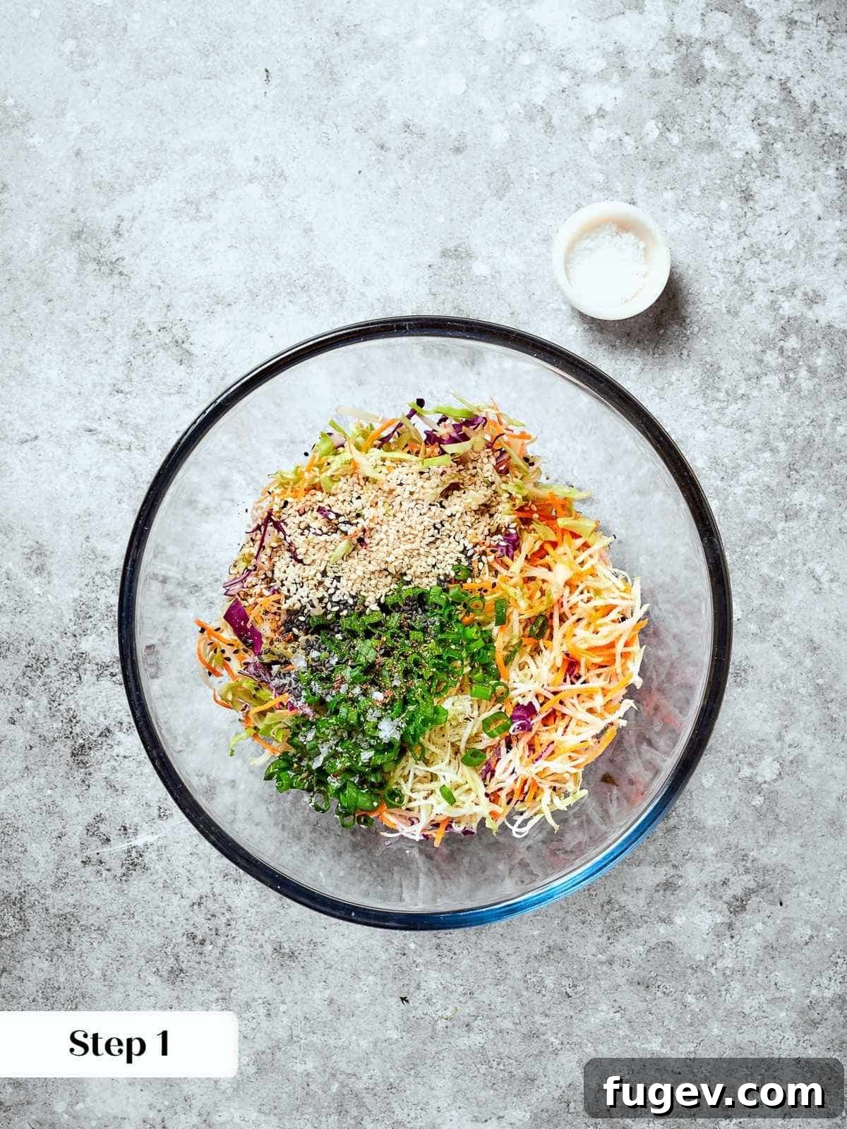 Wholesome Crunchy Broccoli Slaw 5 Unmixed ingredients for broccoli slaw shown together in a large bowl, ready for tossing.