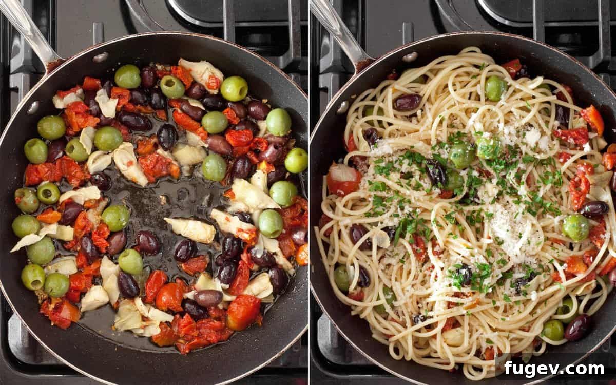 Antipasto Platter Pasta 5 Step-by-step image showing olives, roasted tomatoes, and artichokes being sautéed in a skillet on the stove, followed by spaghetti, Parmesan, and parsley being stirred in.