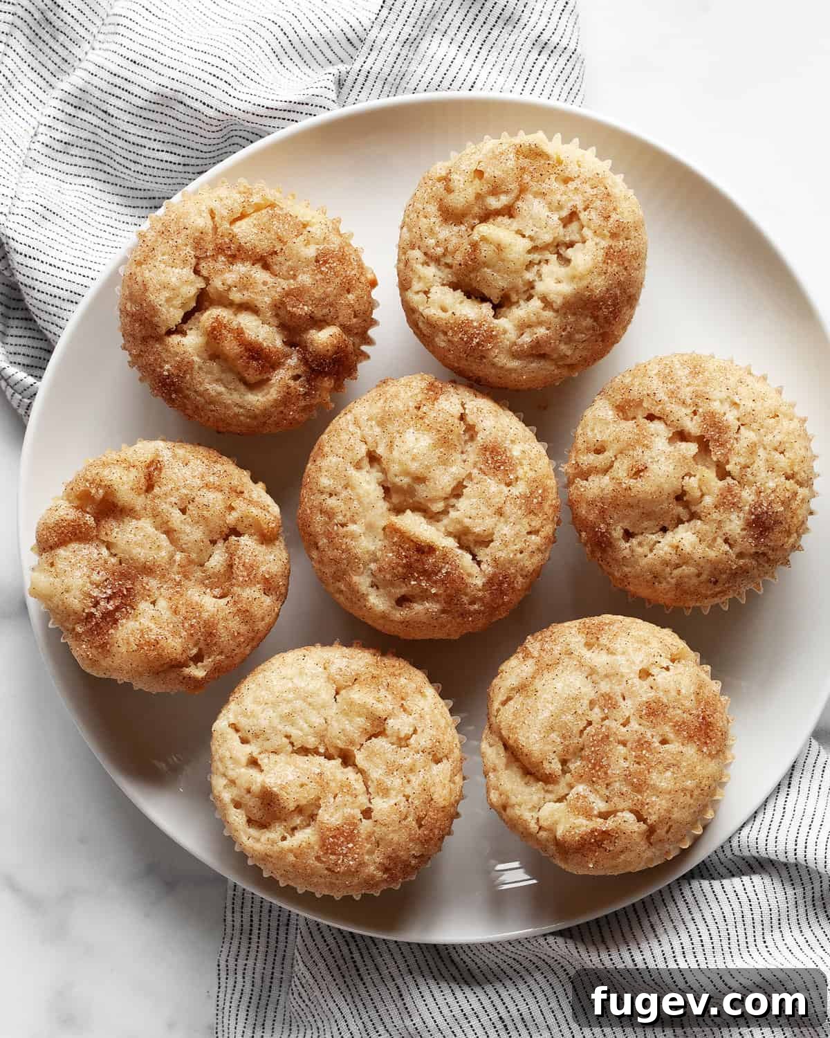 Spiced Apple Cinnamon Vegan Muffins 2 Seven perfectly baked vegan apple cinnamon muffins on a rustic plate, showcasing their golden-brown tops and tender texture.