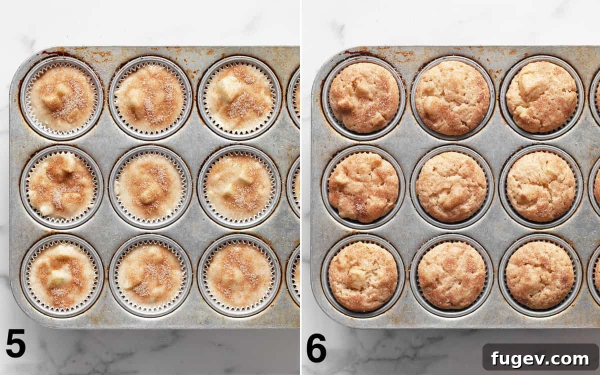 Spiced Apple Cinnamon Vegan Muffins 6 Image showing muffins in the tin, some raw batter with cinnamon sugar, and some baked to a golden brown.
