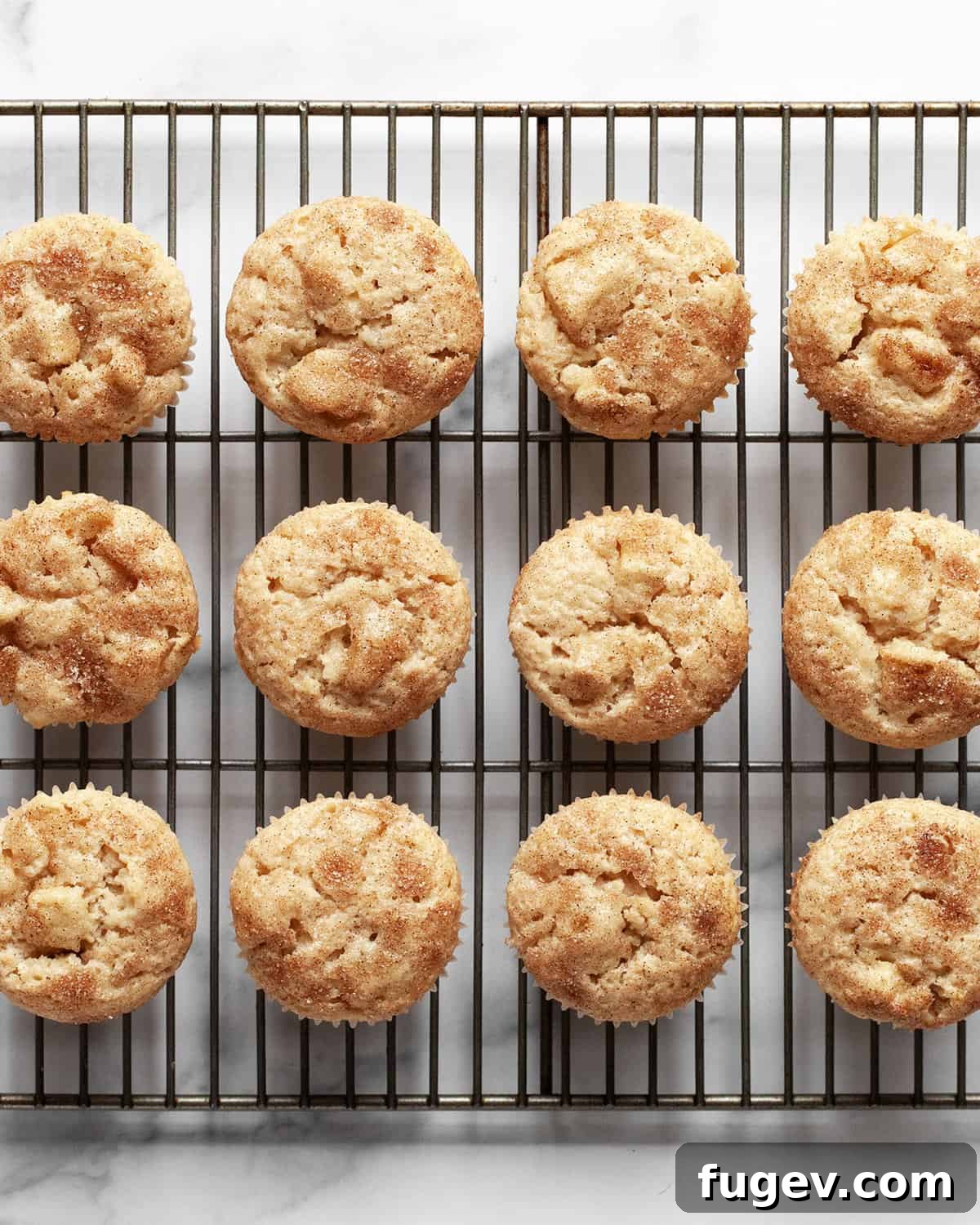 Spiced Apple Cinnamon Vegan Muffins 7 Freshly baked cinnamon apple muffins cooling on a wire rack, allowing air to circulate around them.