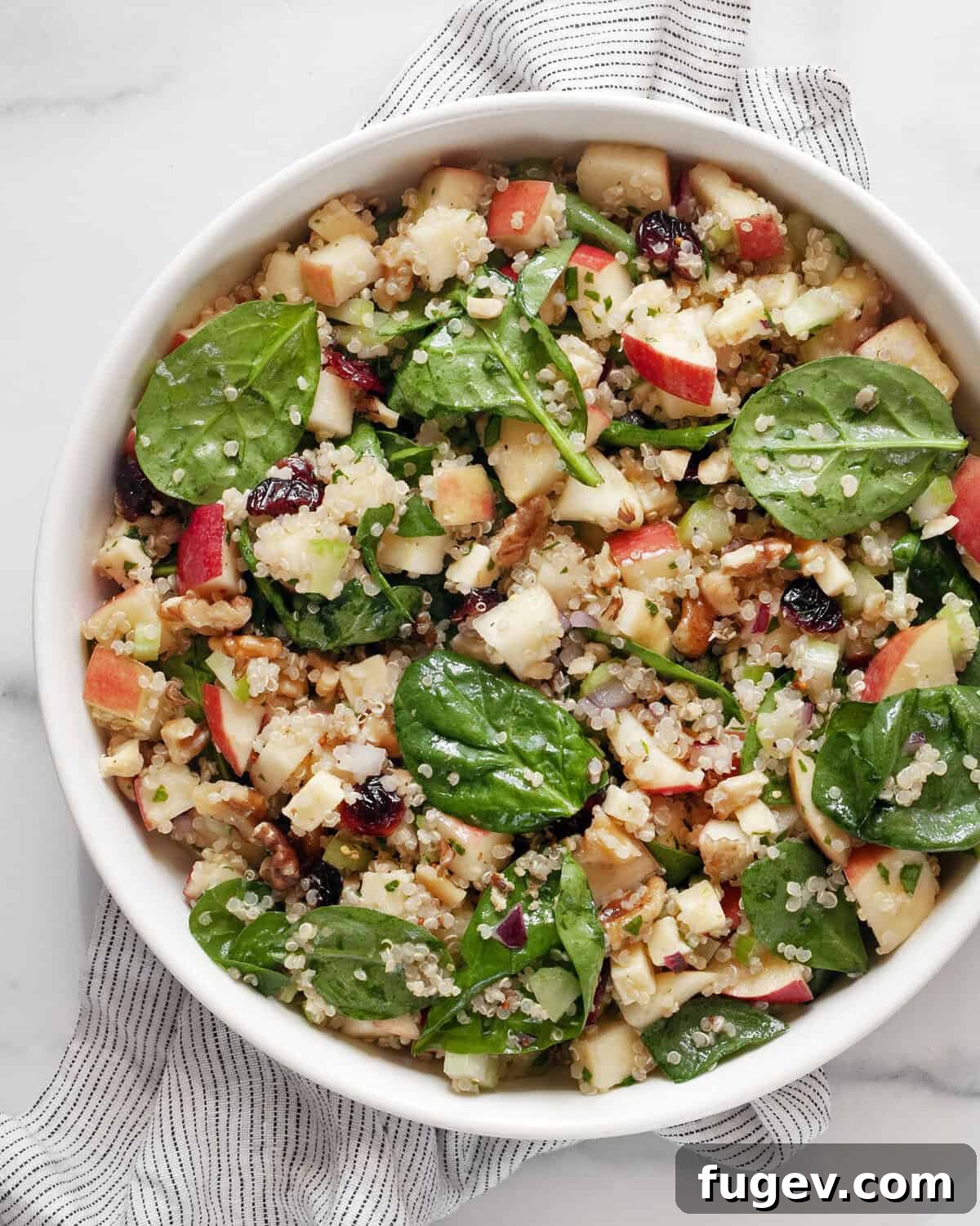 Vibrant Quinoa Salad with Apples Walnuts Cranberries and Fresh Spinach 2 A vibrant Apple Walnut Quinoa Salad, rich in autumn colors and textures, served in a rustic bowl.