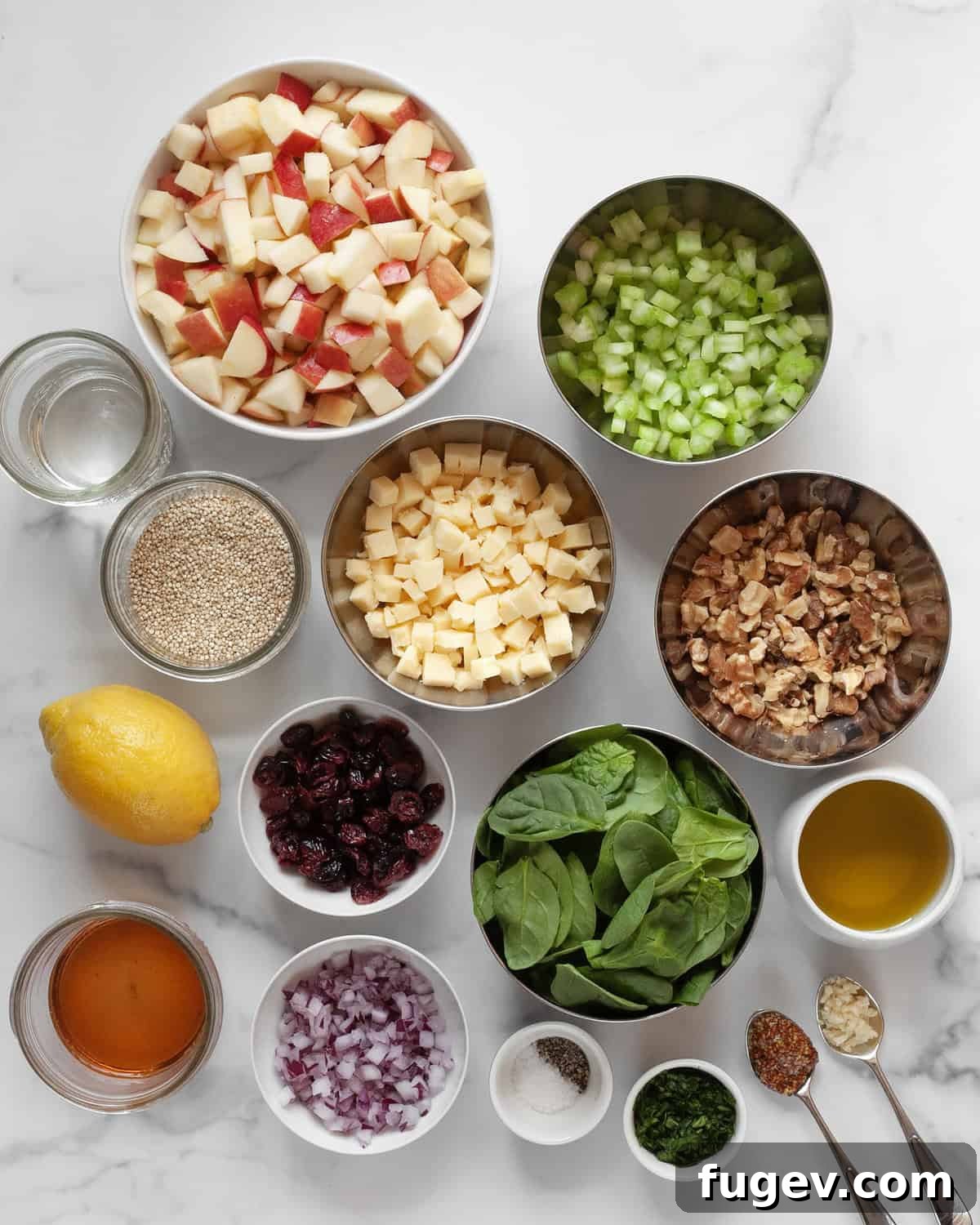 Vibrant Quinoa Salad with Apples Walnuts Cranberries and Fresh Spinach 3 Assortment of fresh ingredients for Apple Walnut Quinoa Salad including crisp apples, toasted walnuts, celery, aged cheddar, red onions, baby spinach, dried cranberries, quinoa, and components for the vinaigrette.