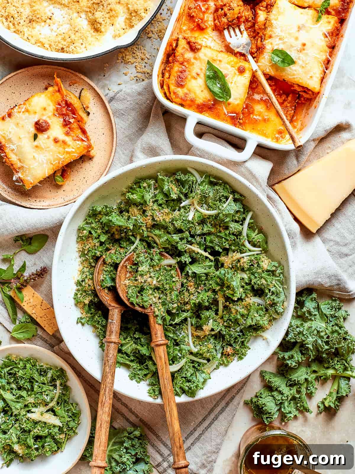 Vibrant Tuscan Kale Delight 15 Tuscan kale salad plated next to baked lasagna for a colorful, balanced Italian meal.
