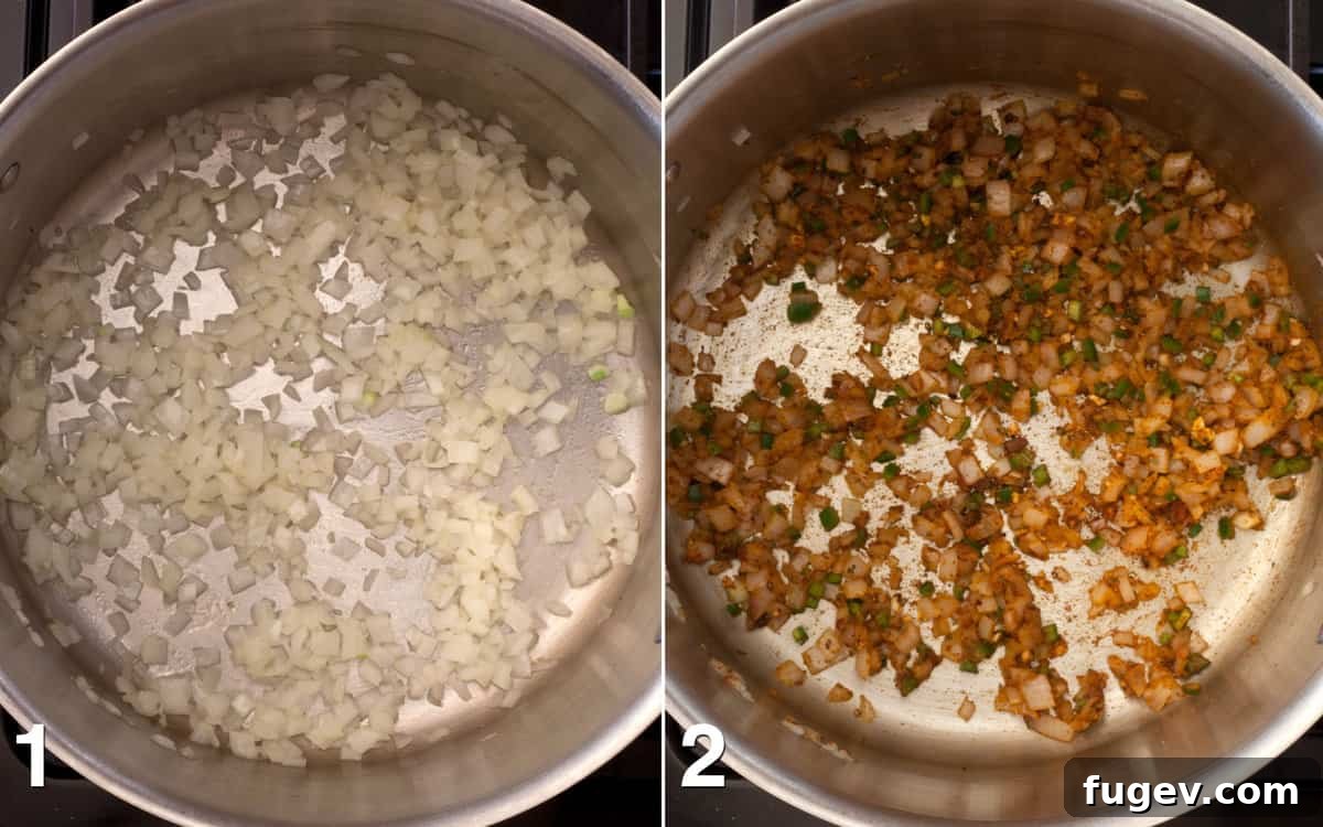 Hearty Bean Chili Delight 4 Step-by-step imagery showing onions sautéing in a pot, followed by the addition and stirring of spices, garlic, and jalapenos into the softened onions.