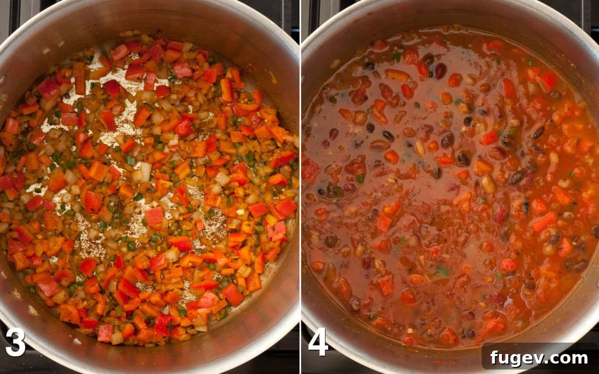 Hearty Bean Chili Delight 5 Process images illustrating the addition of red bell peppers to the sautéed onions, followed by combining all beans and tomatoes in the pot to simmer into a rich chili.
