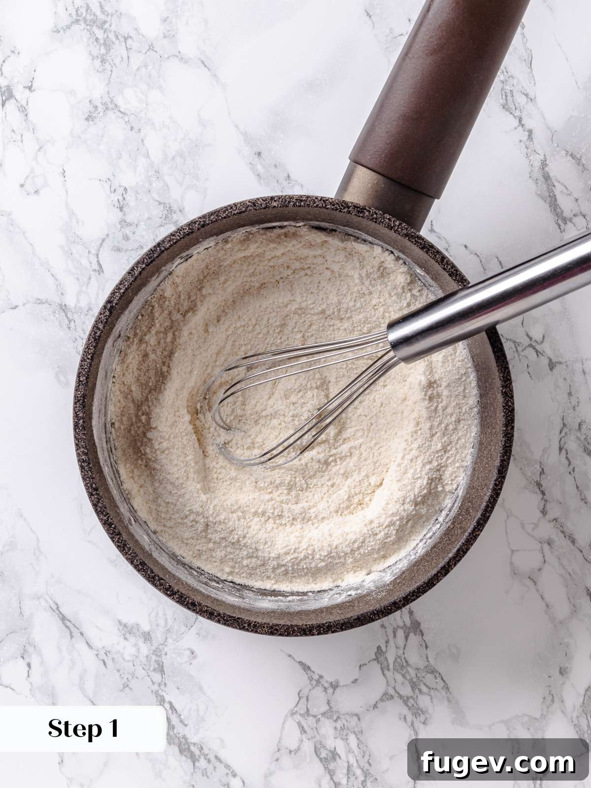 Golden Maple Delight 5 Dry ingredients - flour, sugar, and salt - being stirred together in a saucepan before adding liquids.