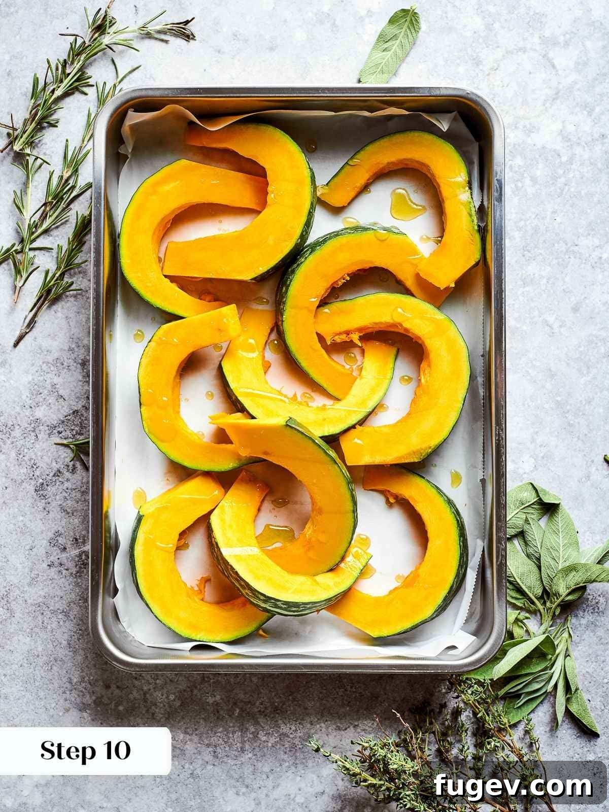 Golden Harvest Squash Soup 7 Fresh kabocha squash chunks arranged on baking sheet before roasting.