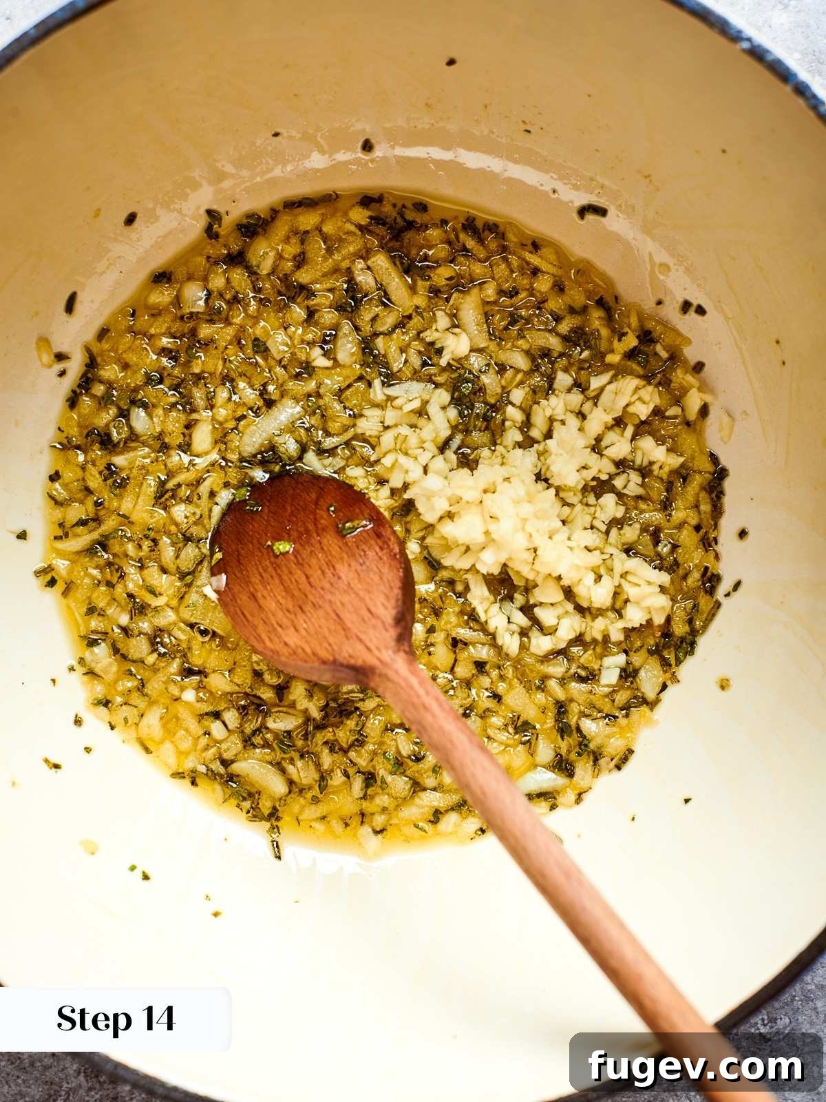 Golden Harvest Squash Soup 9 Fresh minced garlic added to sautéed onions and herbs in hot oil.
