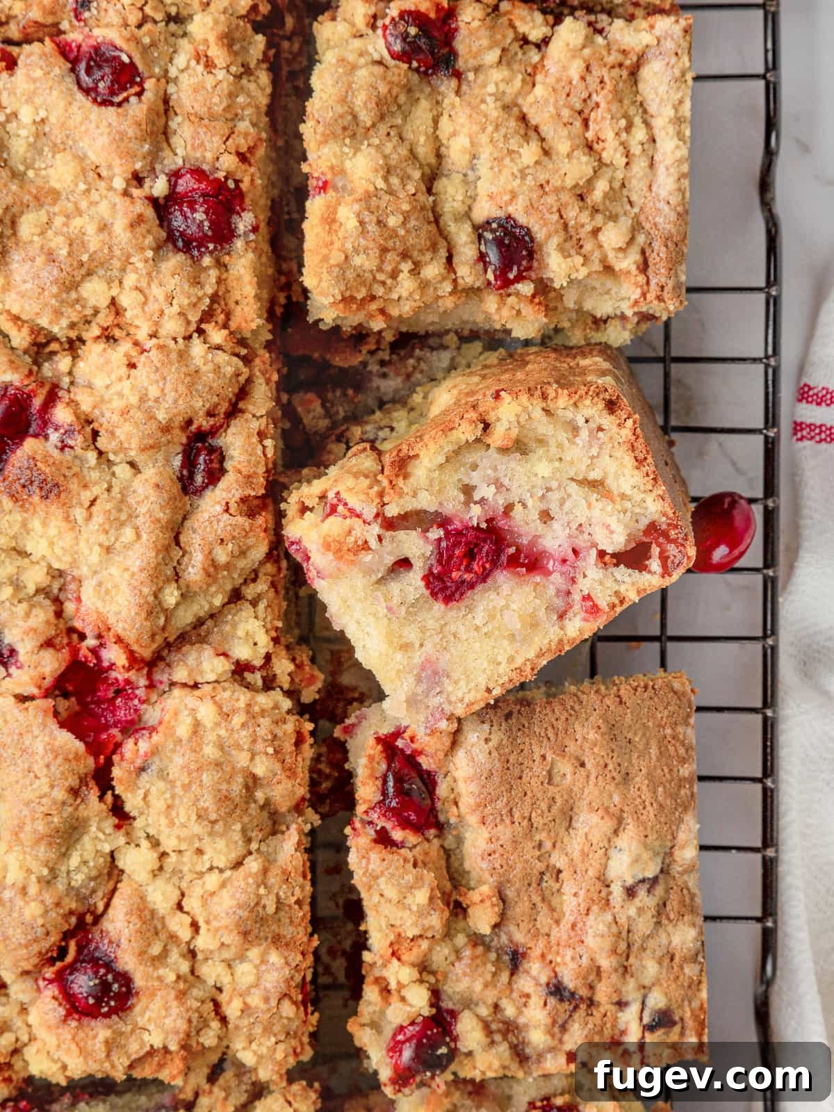 Ultimate Cranberry Cake 11 Freshly baked cranberry cake cooling on a wire rack, with delicious streusel crumbs scattered on the parchment paper below.