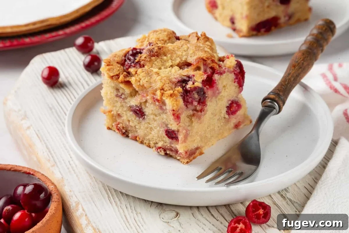 Ultimate Cranberry Cake 4 A perfectly baked slice of cranberry cake on a white plate, revealing its tender crumb, moist texture, and abundant baked cranberries throughout.