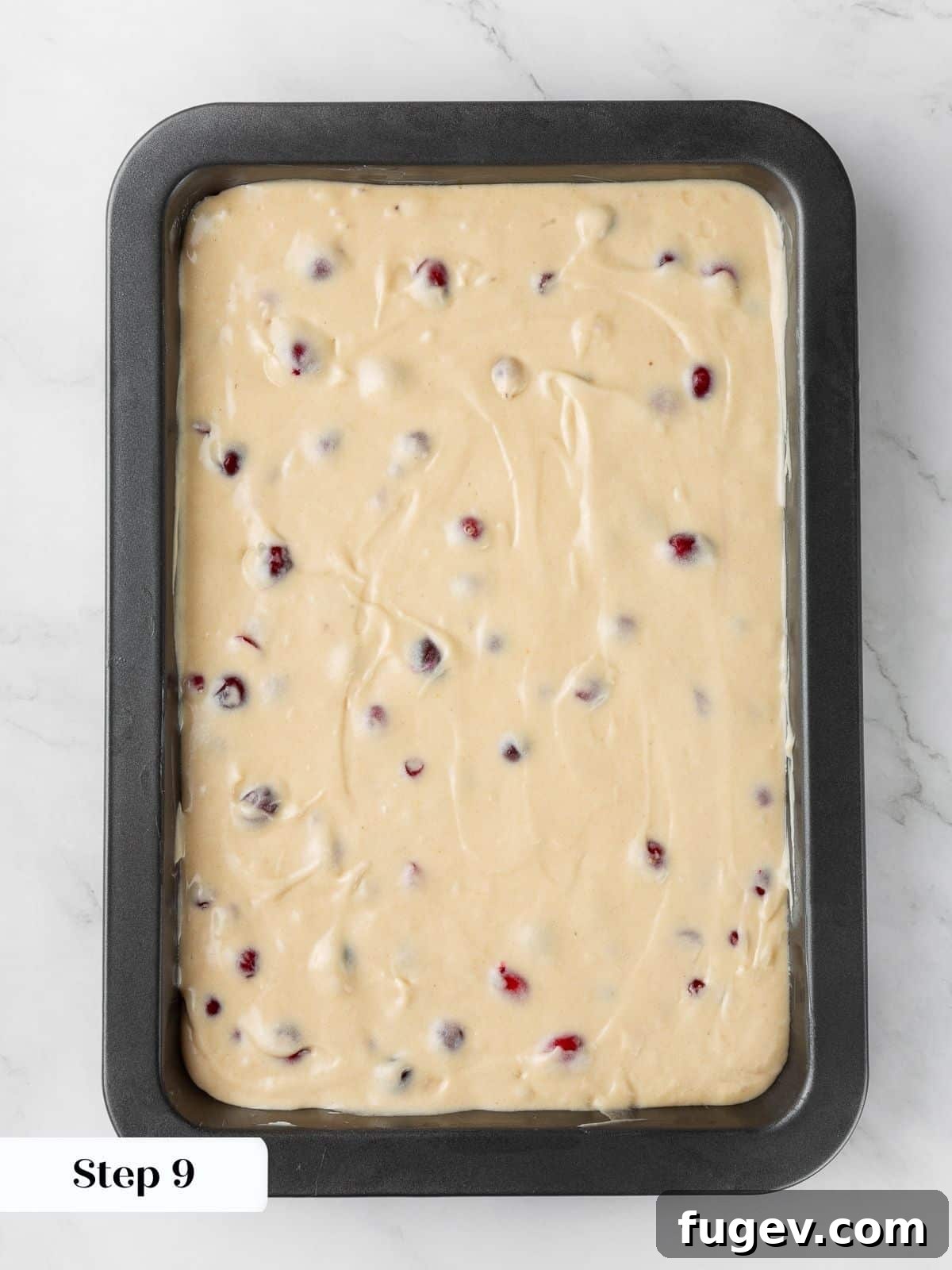 Ultimate Cranberry Cake 8 Smooth cranberry cake batter spread evenly in a prepared baking pan, ready for the addition of streusel topping and baking.