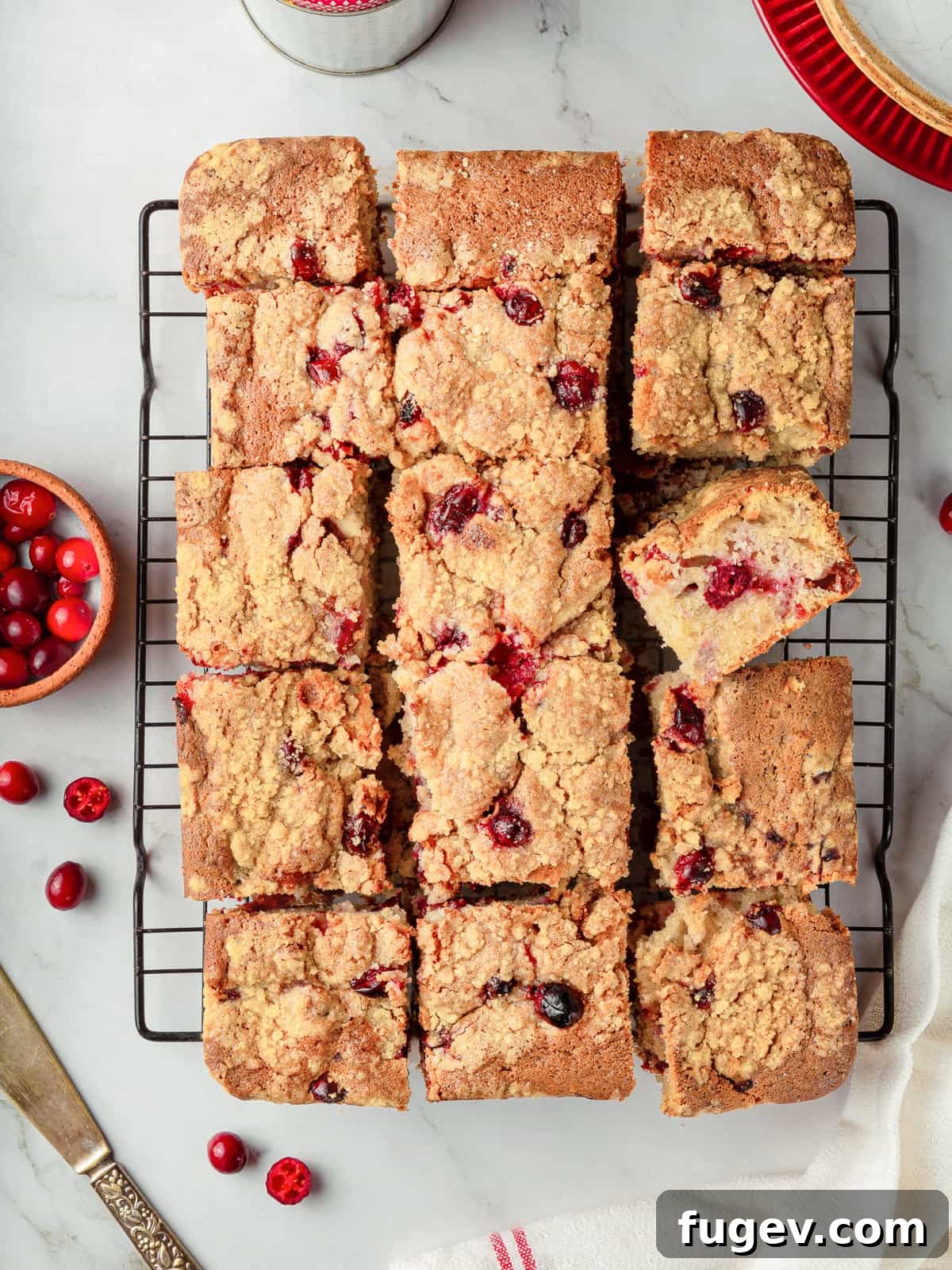 Ultimate Cranberry Cake 10 A freshly baked cranberry cake, neatly sliced into squares, showcasing the tender crumb, baked cranberries, and crispy streusel topping.