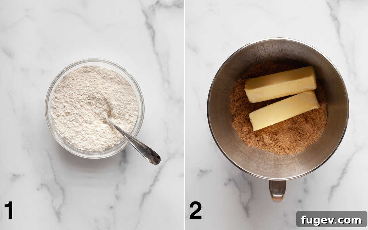 Fudgy Cookie Brownies 4 Left image shows dry ingredients (flour, salt, baking soda) mixed in a bowl. Right image shows butter and sugars being creamed together in a larger mixing bowl.