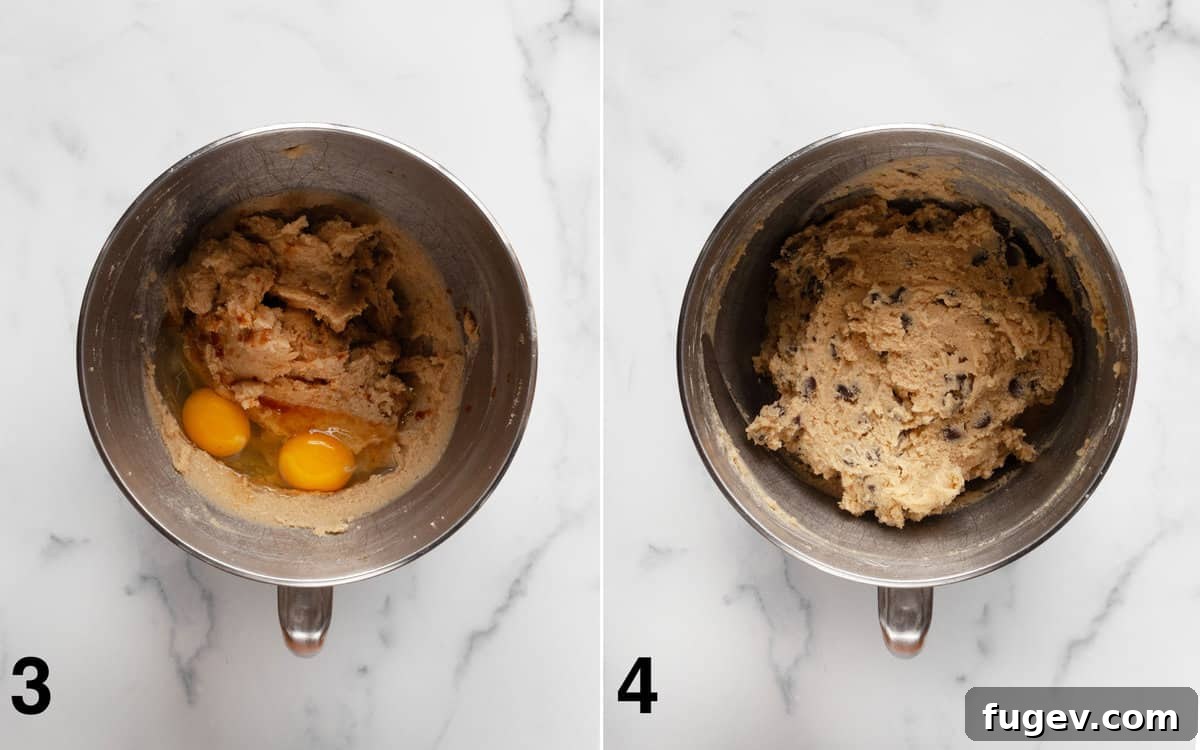 Fudgy Cookie Brownies 5 Left image shows eggs and vanilla extract added to creamed butter and sugars. Right image displays the completed chocolate chip cookie dough in a bowl, ready for shaping.