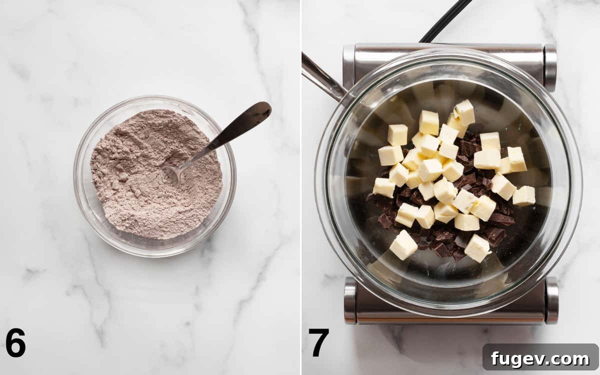 Fudgy Cookie Brownies 7 Left image shows dry ingredients (flour, cocoa powder, salt) for brownies in a bowl. Right image shows bittersweet chocolate and butter melting in a heatproof bowl over a simmering saucepan.