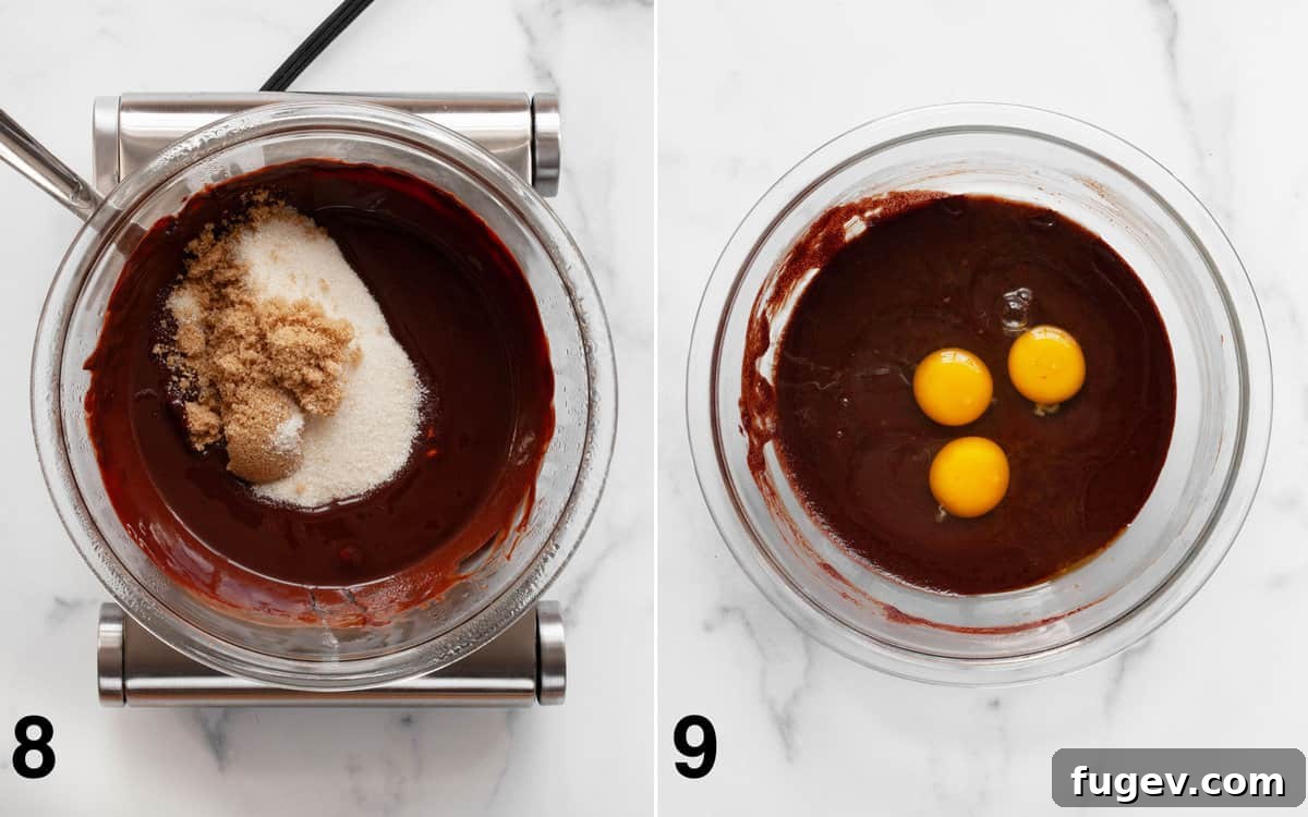 Fudgy Cookie Brownies 8 Left image shows sugars mixed into the warm brownie batter, creating a glossy texture. Right image shows eggs being beaten into the brownie batter for a smooth consistency.