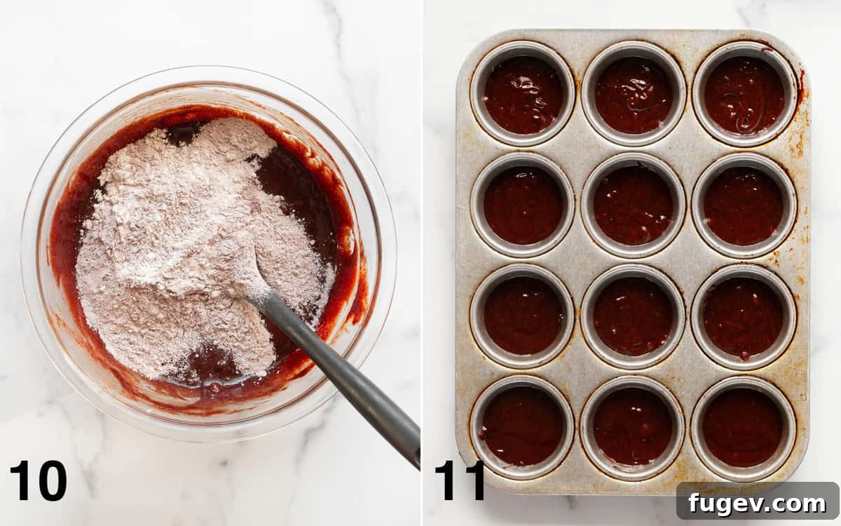 Fudgy Cookie Brownies 9 Left image shows dry ingredients being folded into the wet brownie batter. Right image shows the brownie batter neatly portioned into a muffin pan, ready for chilling.