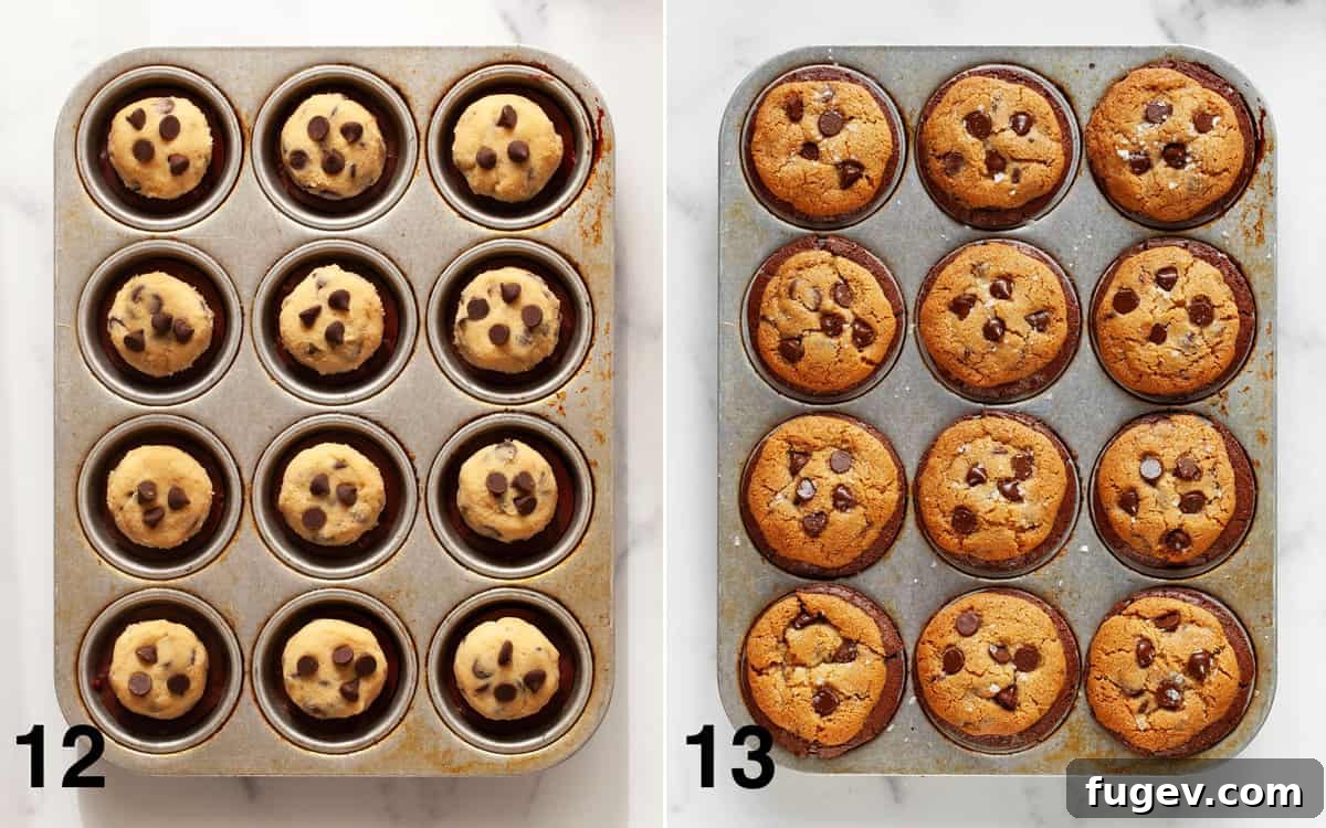 Fudgy Cookie Brownies 10 Two images side-by-side: Left shows assembled brookies in a muffin pan before baking, with cookie dough disks pressed into brownie batter. Right shows the golden-brown, baked brookies in the muffin pan, fresh out of the oven.