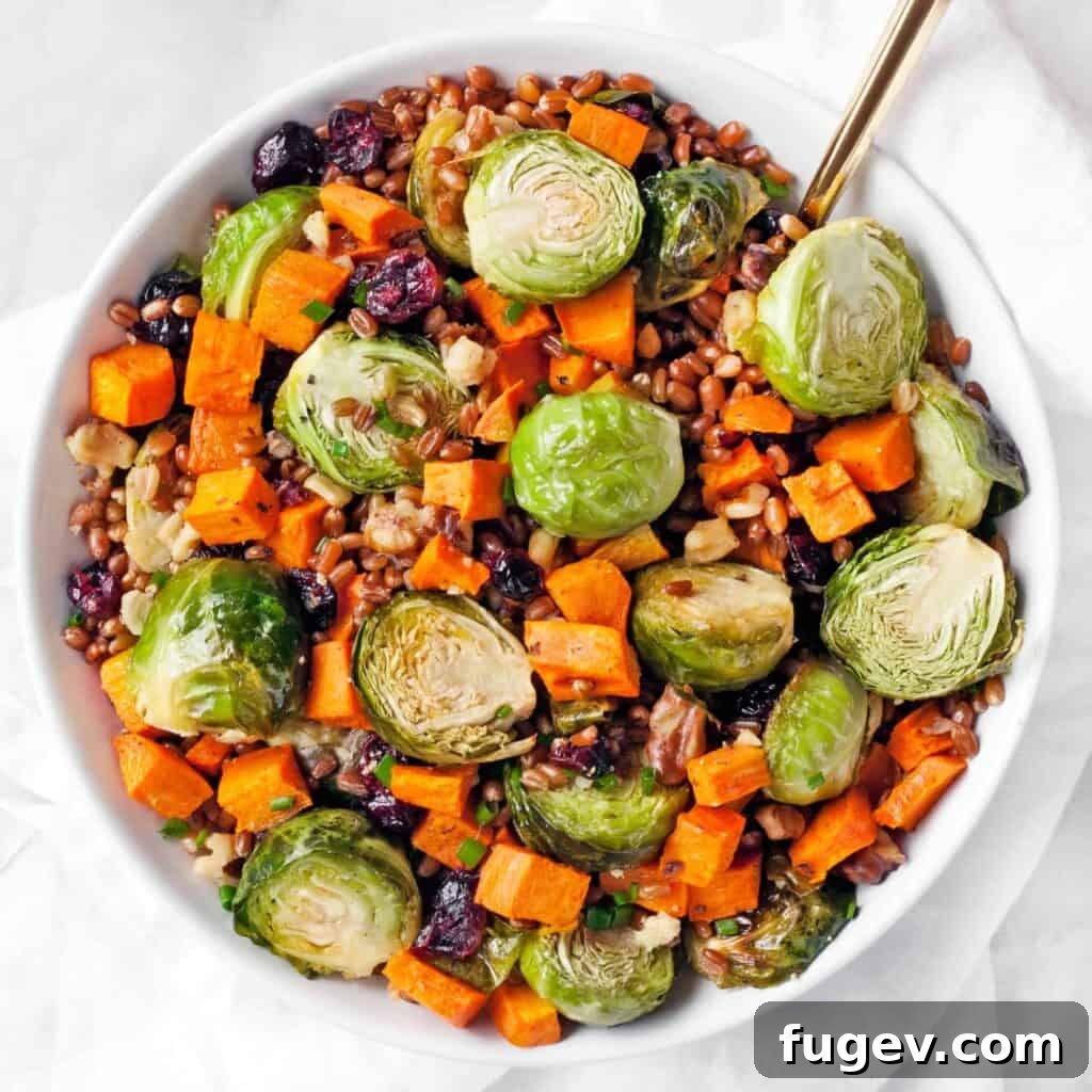 Harvest Wheat Berry Bowl with Roasted Sweet Potatoes and Brussels Sprouts 2 Hearty Wheat Berry Salad with Roasted Brussels Sprouts and Sweet Potatoes
