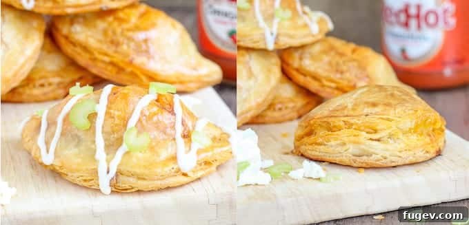 Spicy Buffalo Blue Cheese Pockets 7 A side-by-side comparison of two hand pies, illustrating how proper chilling of pastry dough (right) results in a significantly flakier crust compared to insufficient chilling (left).