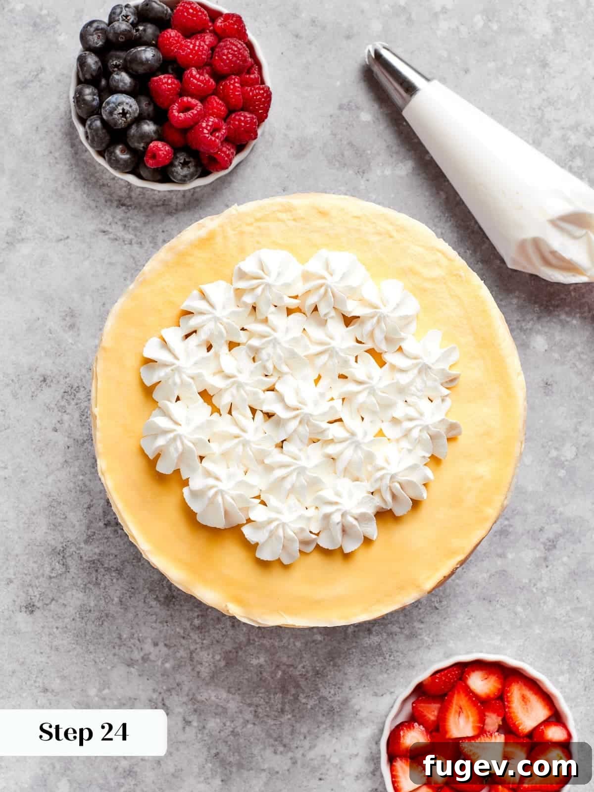 Silken Layered Crepe Delight 16 Finished crepe cake served with berries and soft whipped cream on top.