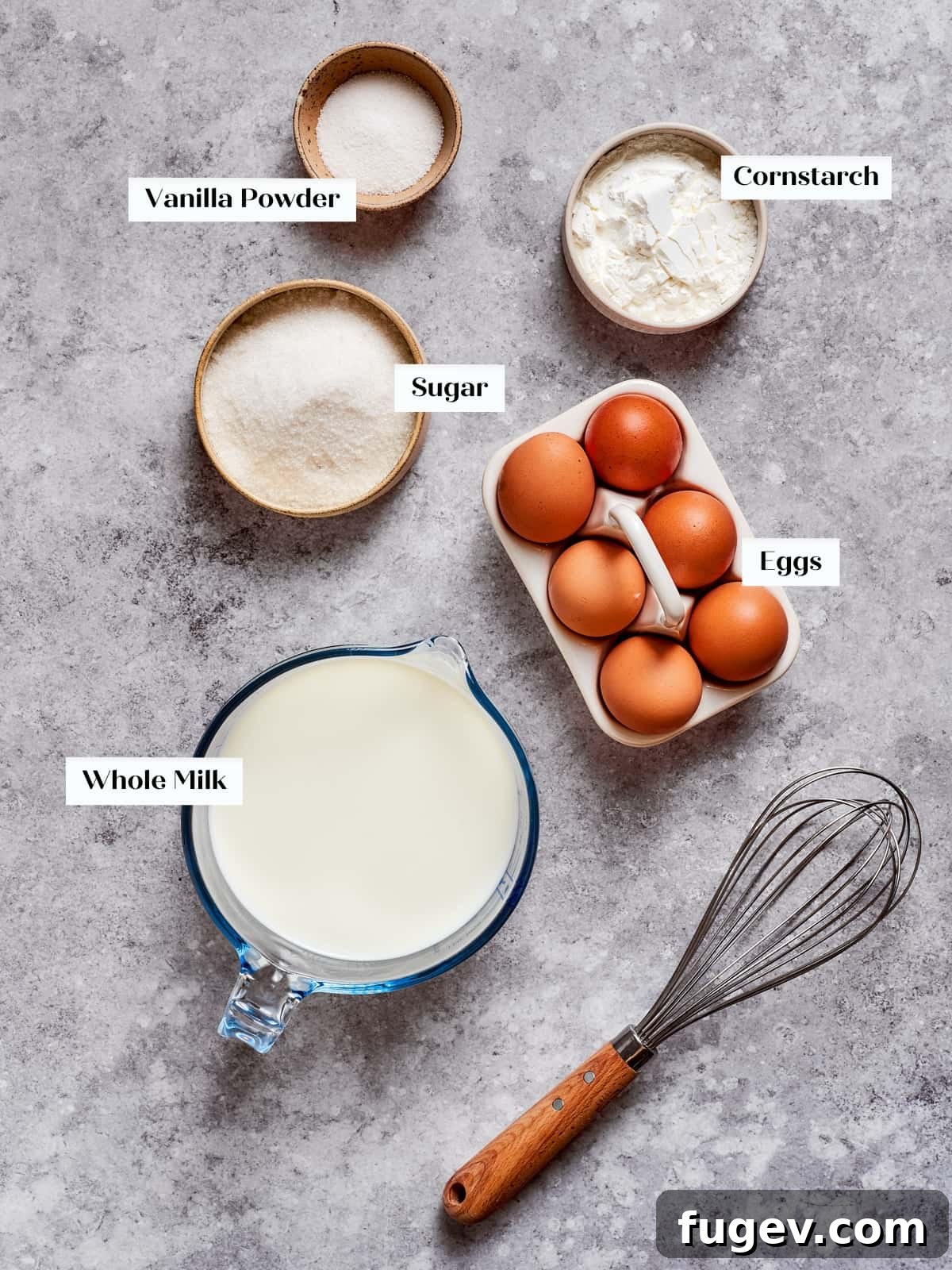 Silken Layered Crepe Delight 4 All components for making the crepe cake set out and ready for the recipe steps.