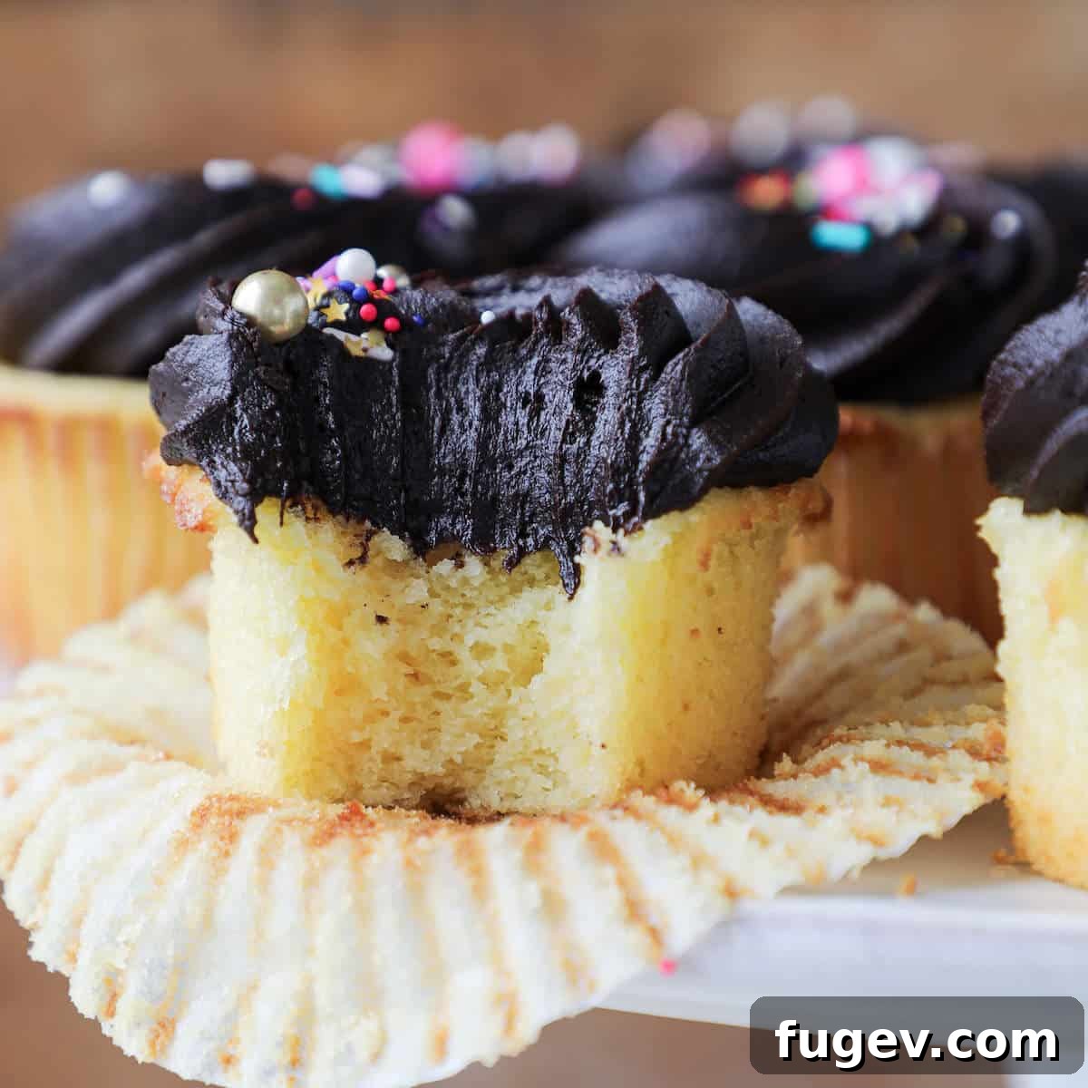 Sunny Yellow Cupcakes with Velvety Chocolate Frosting 2 Yellow Cupcakes with Chocolate frosting interior texture
