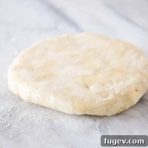 Pie dough shaped into a disk on a marble surface, ready for chilling.