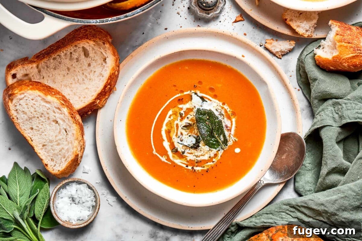 Creamy Vegan Pumpkin Harvest Soup 5 A bowl of vibrant orange vegan pumpkin soup, delicately garnished with fresh herbs and served with rustic bread for dipping.