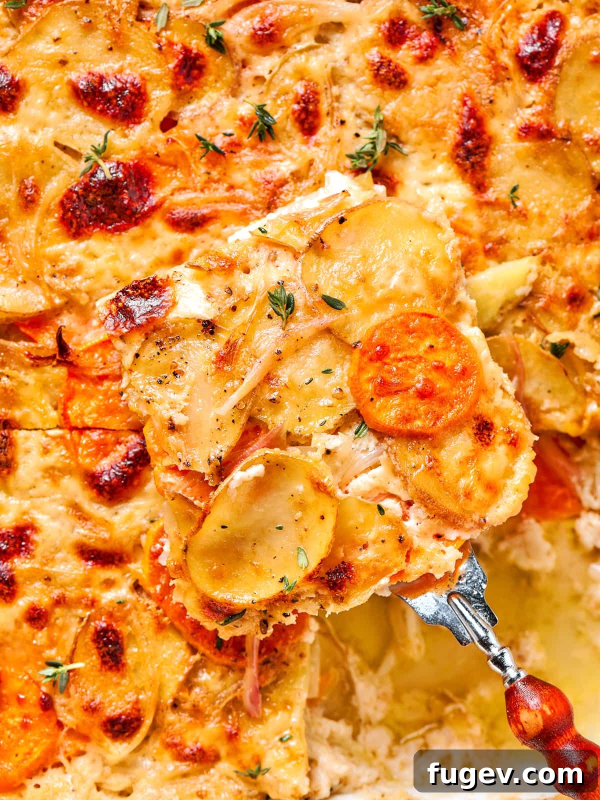 Effortless Scalloped Potato Perfection 2 Scalloped potatoes with shallots, herbs, and melted cheese tucked between tender layers.