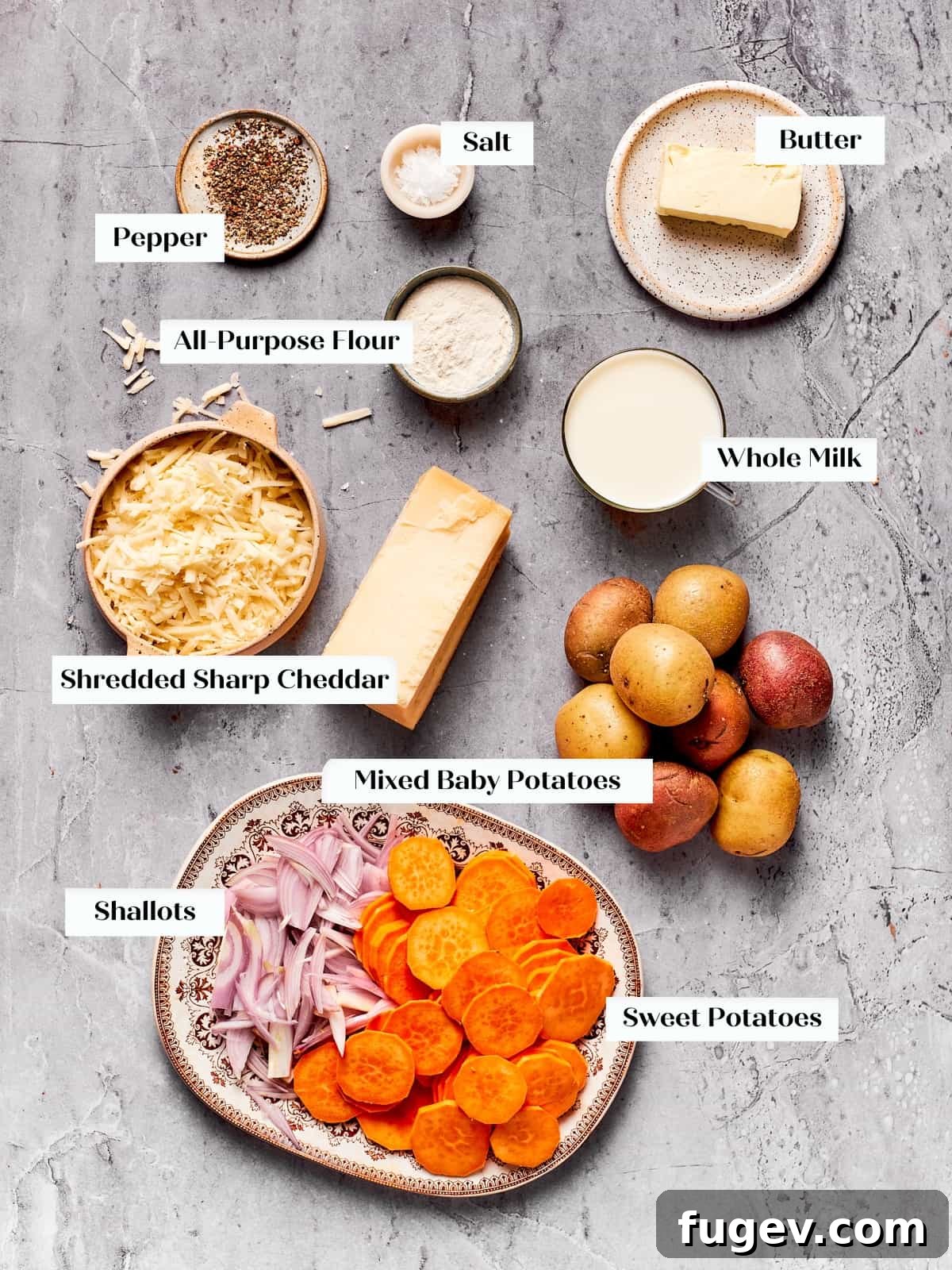 Effortless Scalloped Potato Perfection 4 Ingredients for scalloped potatoes arranged on countertop before starting recipe.