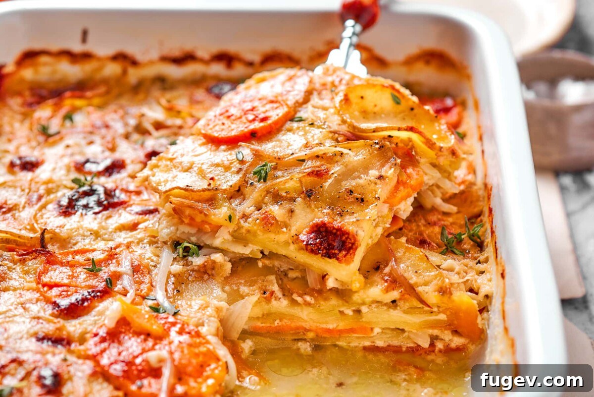 Effortless Scalloped Potato Perfection 5 Melty cheese pooled between layers of baked scalloped potatoes fresh from the oven.