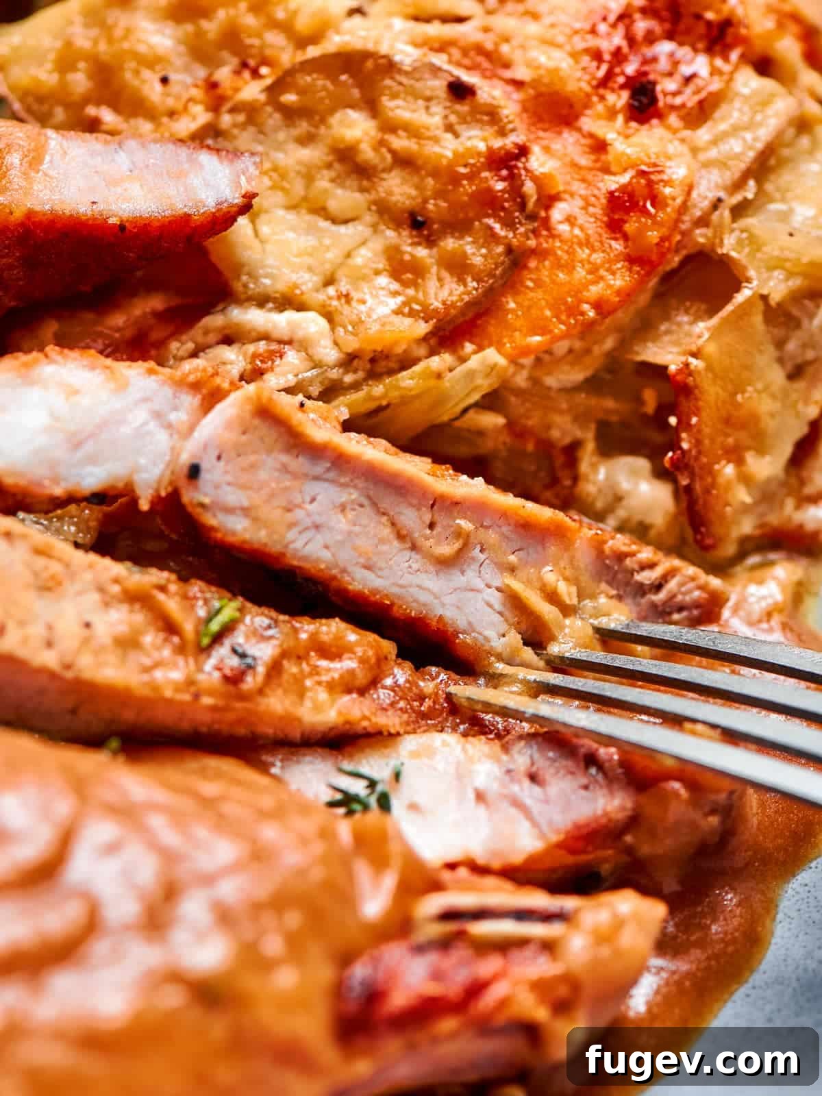 Succulent Pork with Warm Apple Compote 2 Sliced pork chop coated in applesauce sauce with fork on plate, garnished with fresh thyme.