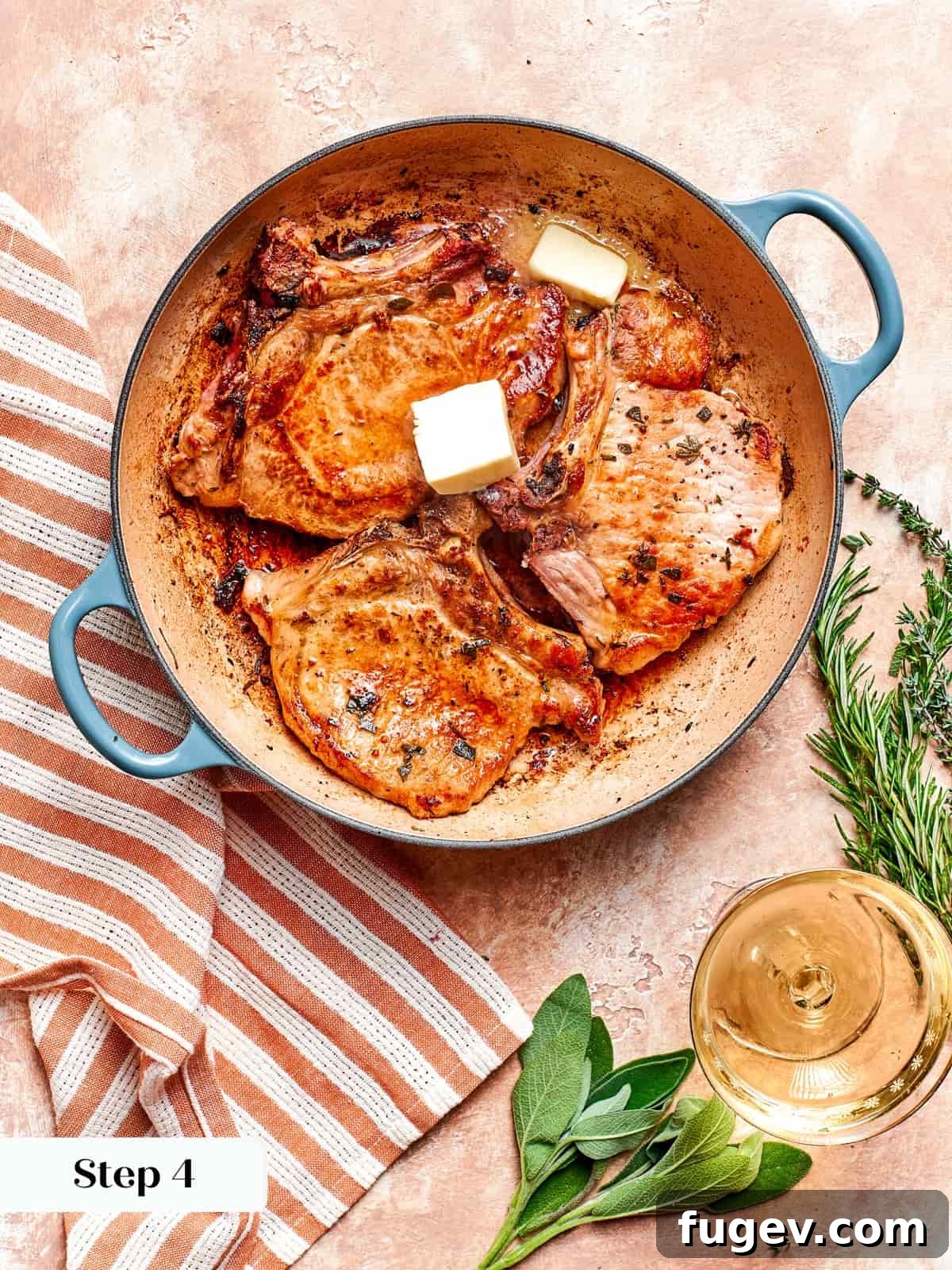 Succulent Pork with Warm Apple Compote 10 A teaspoon of unsalted butter melted into the hot pan, used to baste the pork chops briefly before they are removed to rest.