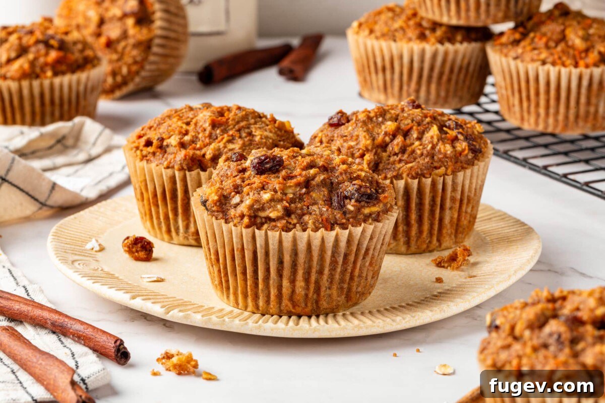 Morning Glow Muffins 5 Plate holding three homemade morning glory muffins with visible fruit pieces inside.