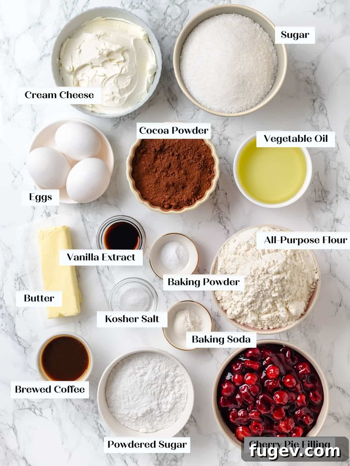Velvet Chocolate Cherry Indulgence 4 Carefully measured chocolate cherry cake ingredients arranged on a neat kitchen countertop, ready for baking.