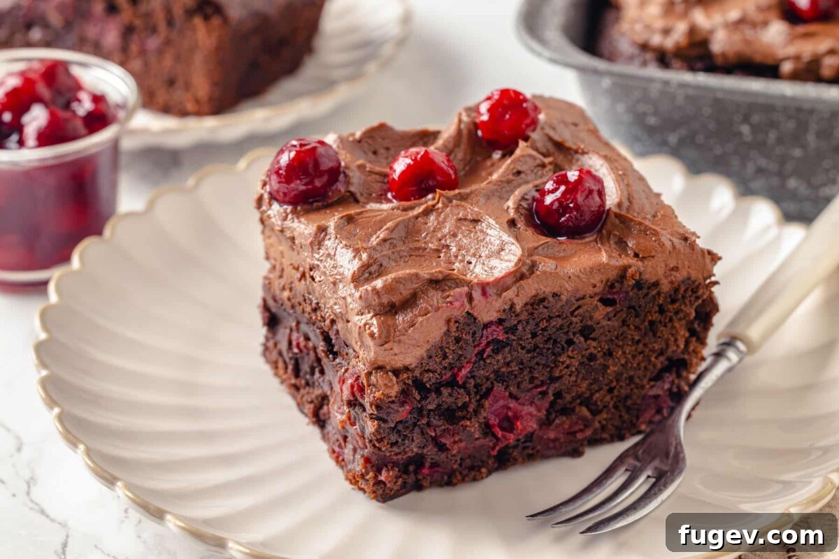 Velvet Chocolate Cherry Indulgence 5 A perfectly baked slice of moist chocolate cherry cake, showcasing vibrant cherries embedded within the rich chocolate crumb and a delicate cherry garnish on top.
