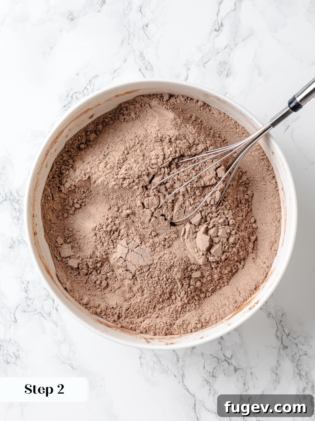Velvet Chocolate Cherry Indulgence 6 Dry ingredients cocoa powder, flour, salt, baking powder, and baking soda combined evenly in a bowl before adding to the wet mixture.