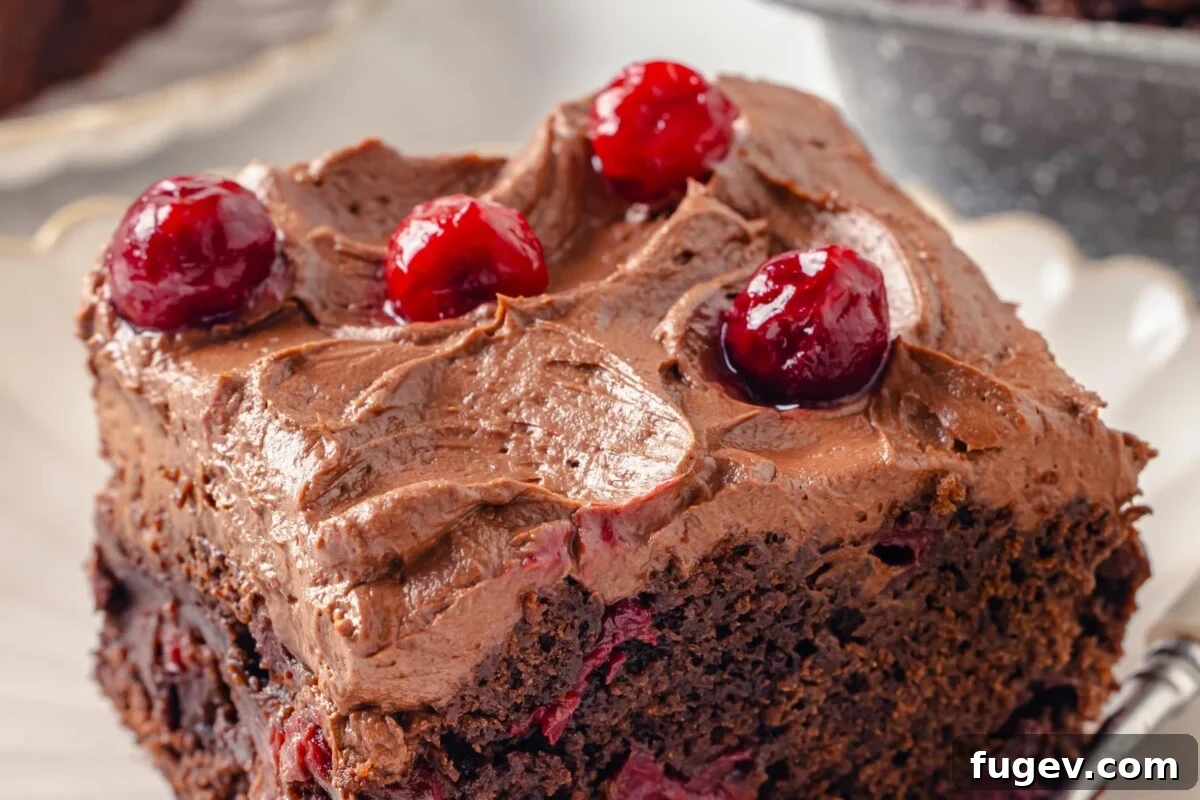 Decadent Chocolate Cream Cheese Dream 5 A perfectly frosted chocolate cake slice, garnished with fresh cherries, displaying the elegant texture of the cream cheese icing.