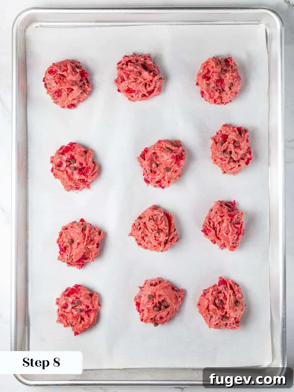 Luscious Cherry Chocolate Chip Cookies 14 Scooped cherry chocolate chip cookie dough portions meticulously arranged for chilling.