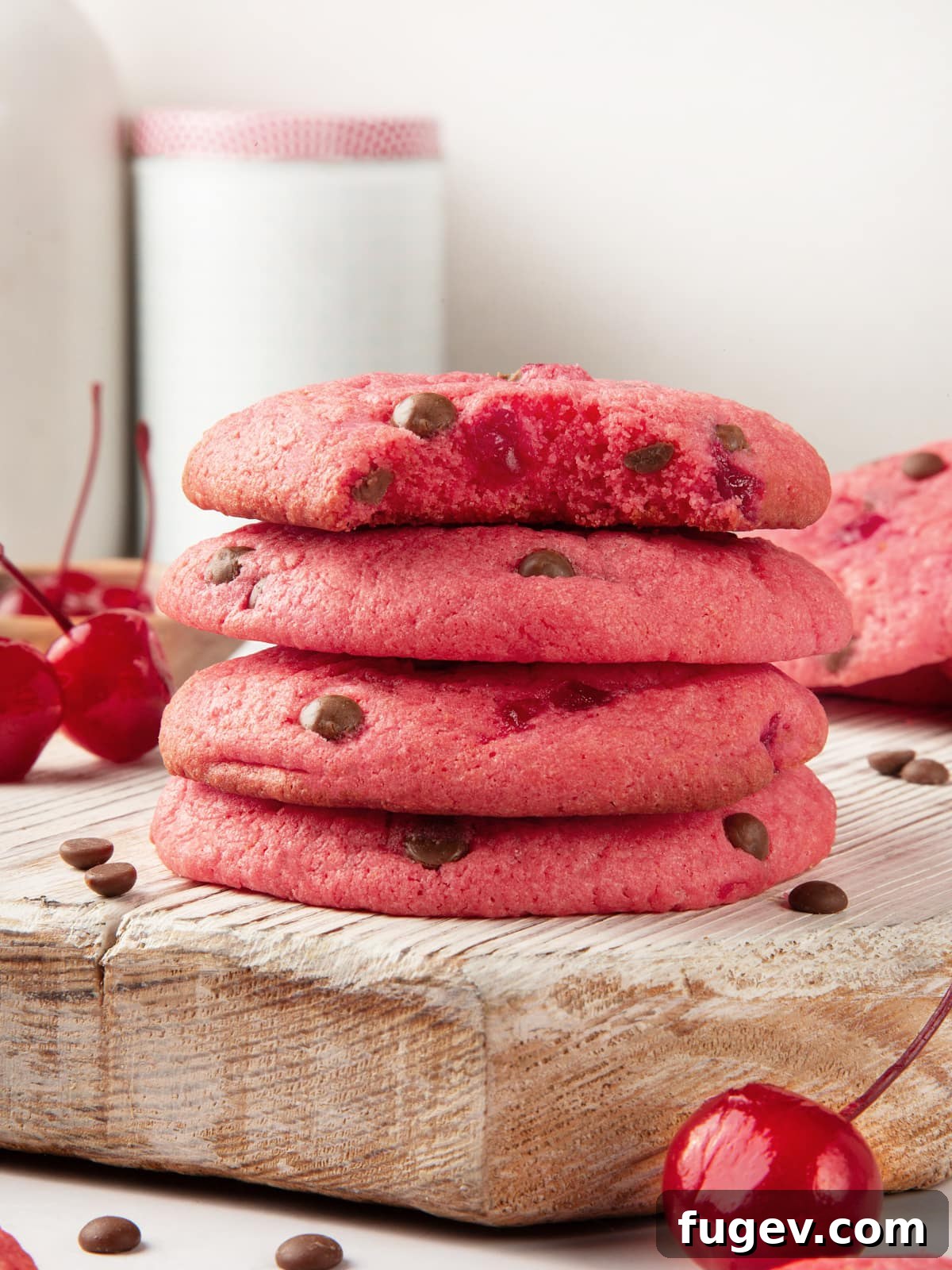 Luscious Cherry Chocolate Chip Cookies 18 Cherry chocolate chip cookies stacked high with a bitten cookie highlighting thick texture and delicious interior.