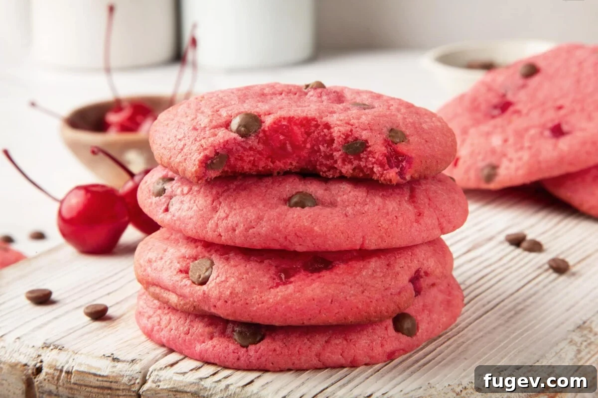 Luscious Cherry Chocolate Chip Cookies 5 Stack of cherry chocolate chip cookies with one cookie bitten, revealing its chewy pink interior and visible chips.