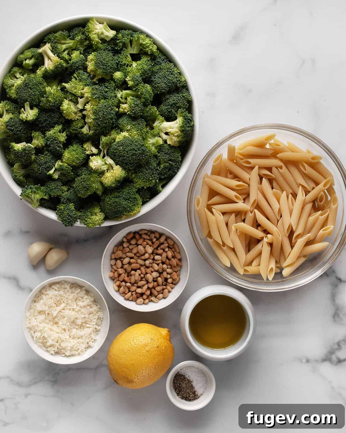 Golden Roasted Broccoli Pesto Pasta 3 All ingredients for roasted broccoli pesto pasta laid out on a surface, including fresh broccoli florets, penne pasta, pine nuts, grated Parmesan cheese, olive oil, a whole lemon, garlic cloves, and salt and pepper.