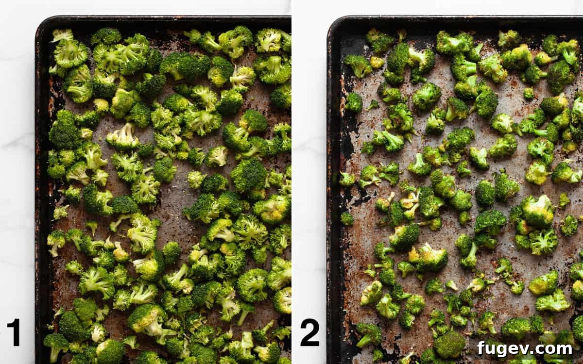 Golden Roasted Broccoli Pesto Pasta 4 Before and after comparison of broccoli on a sheet pan, showing raw florets and then roasted, lightly browned florets.