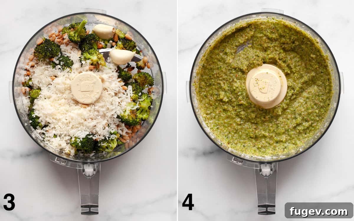 Golden Roasted Broccoli Pesto Pasta 5 Before and after images of pesto ingredients in a food processor, showing separate ingredients and then the pureed, smooth pesto.