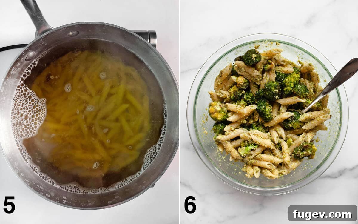 Golden Roasted Broccoli Pesto Pasta 6 Two images side by side: one of pasta simmering in a large pot, and the other of cooked pasta combined with pesto in a bowl.
