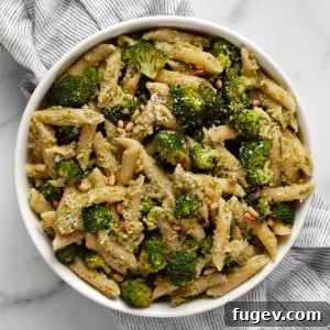 Broccoli pesto pasta served in a bowl, ready to eat.