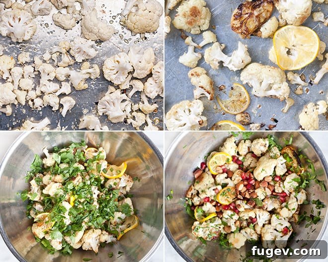 Bright Meyer Lemon Roasted Cauliflower Salad 3 Close-up of Roasted Cauliflower Meyer Lemon Salad with smoked almonds.