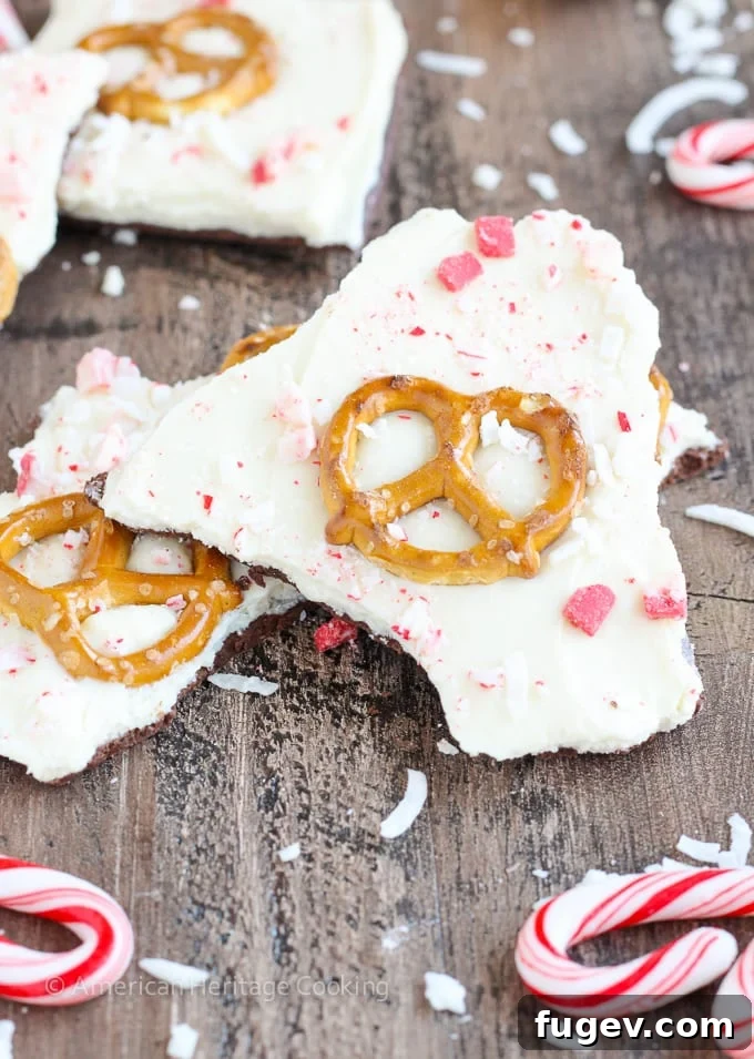 Crunchy Coconut Peppermint Pretzel Bark 3 This easy Coconut Peppermint Pretzel Bark is a minty mix of white and dark chocolate with candy cane "snow", salty pretzels and a hint of coconut! You will love the holiday mint flavor!